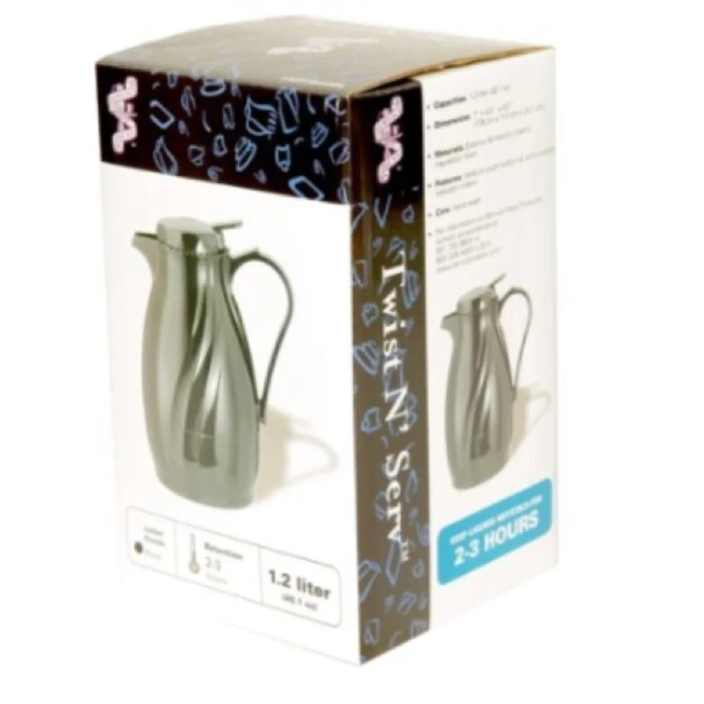 NIB 40oz Plastic Carafe keeps liquids hot or cold 2-3 hours. Black swirl color.